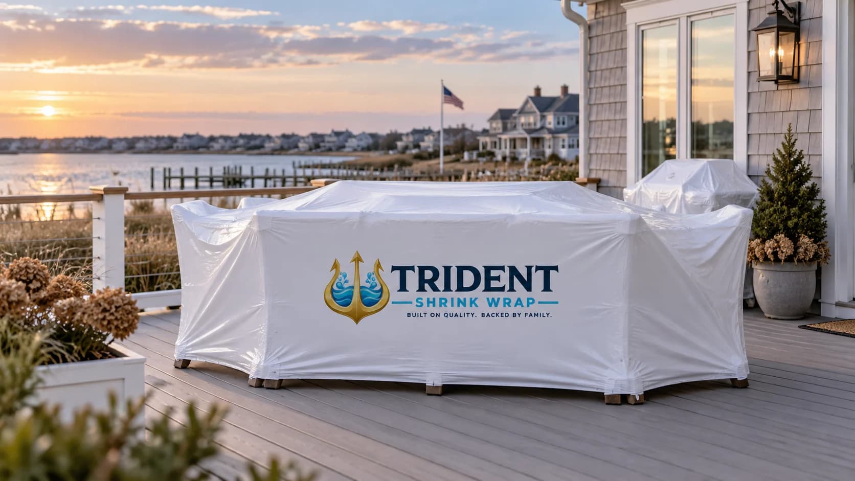 Patio furniture wrapped in white protective film on the deck of a waterfront shore home at sunset