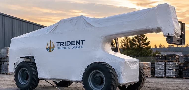 A telehandler wrapped in white protective film at a yard at sunset
